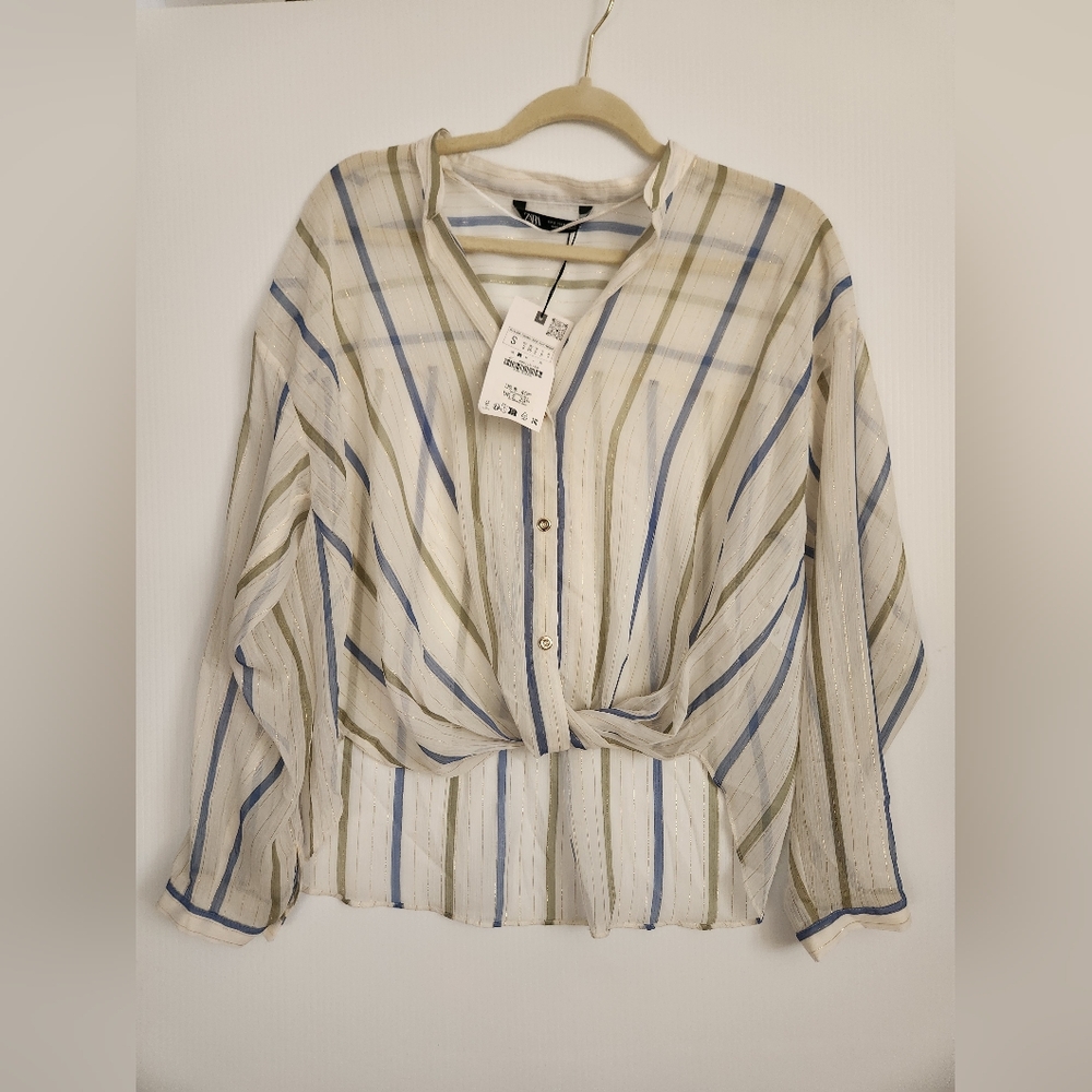 Zara NWT metallic striped Illusion Tie Front Long Sleeve Sheer Shirt